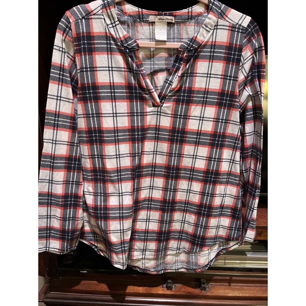 Women’s Flannel Sz Large Orange Multi Colored Plaid Shirt Long Sleeve Button Up